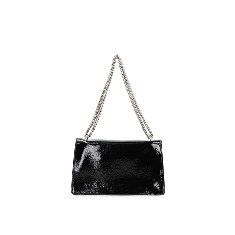 Gucci Black Calfskin Crossbody Bag with sliding chain strap and antique silver-tone hardware, shown with patent leather finish. Made in Italy.
