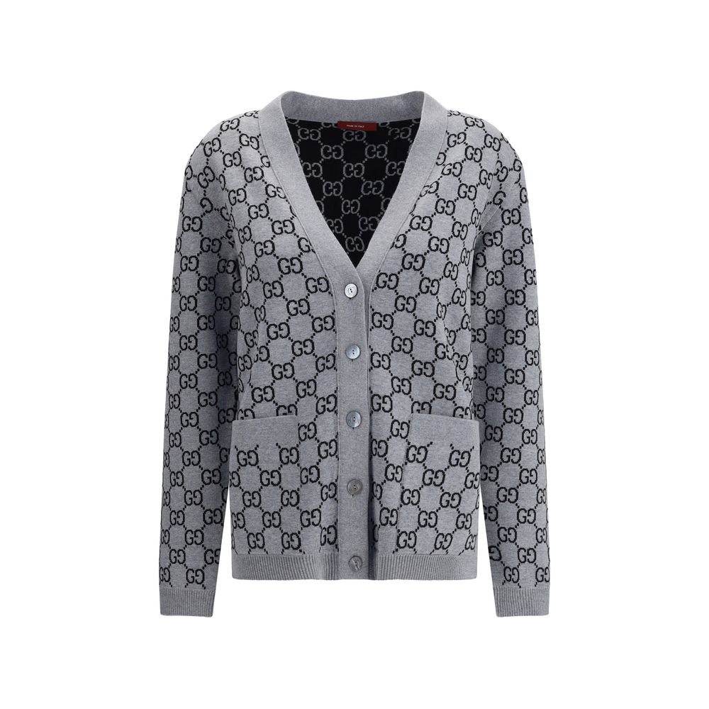 Gucci Black Wool Cardigan with GG pattern, V-neckline, and front pockets, perfect for smart or casual looks, in black and white.