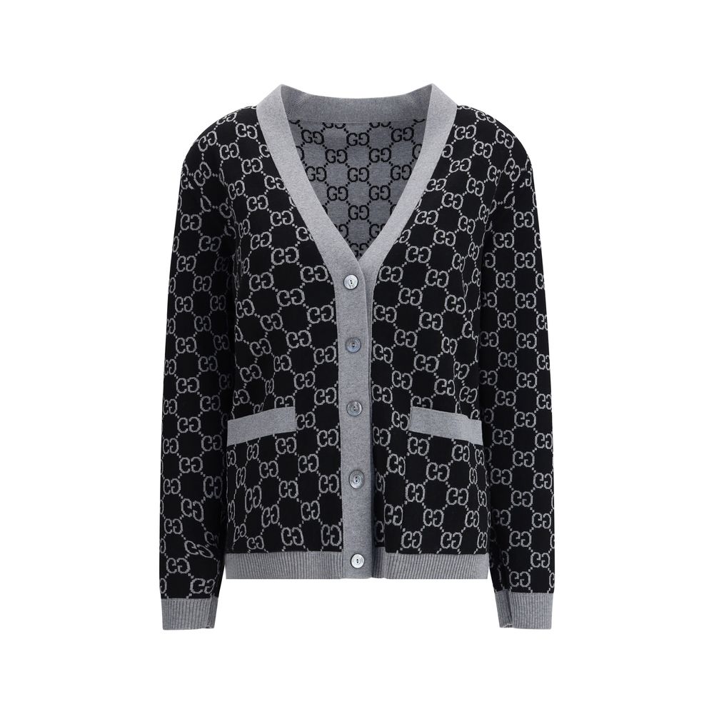 Gucci Black Wool Cardigan with GG pattern, V-neckline, long sleeves, front pockets, ribbed trim, reversible jacquard, perfect for smart looks.