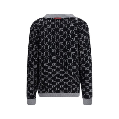 Gucci Black Wool Cardigan with GG Supreme pattern, back view, featuring V-neckline, low shoulders, long sleeves, and ribbed trim.