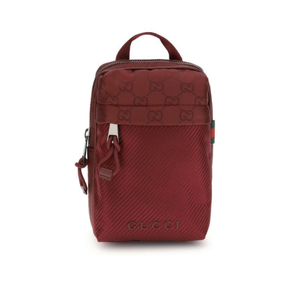Gucci Bordeaux Polyamide Shoulder Bag with GG nylon and green-red web, featuring exterior and interior pockets for added convenience.