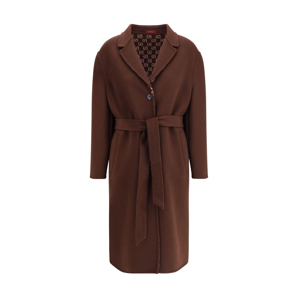 Gucci Brown Wool Coat with notch lapels and reversible silk wool design, showcasing side pockets and a button closure for elegant style.