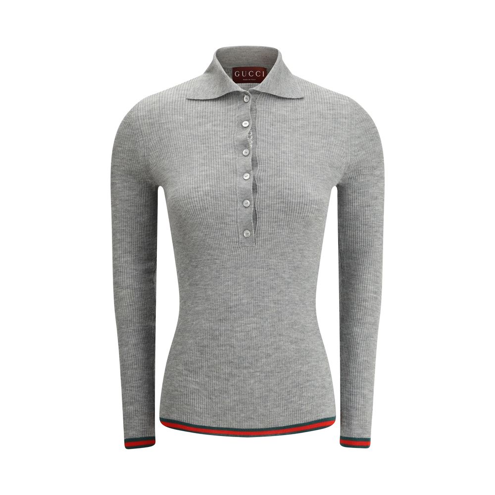 Gucci Gray Cashmere Top, elegant cashmere polo sweater with ribbed design, classic collar, tone-on-tone buttons, brand's iconic bands.