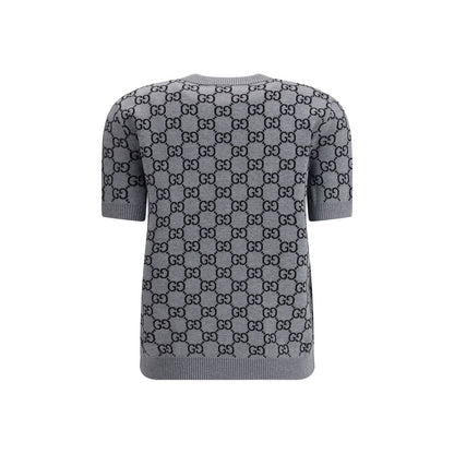 Gucci Gray Wool Sweatshirt featuring GG Supreme pattern, short sleeves, ribbed crew neck, and iconic retro-inspired design.
