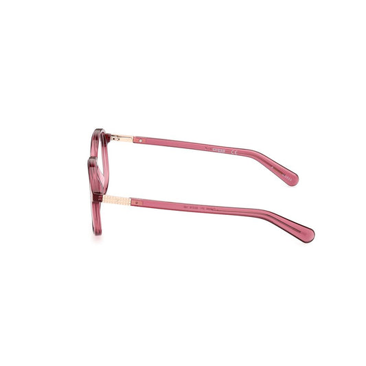 Side view of Guess Bordeaux Injected Frames showing pinkish-red color and temple design for unisex eyewear with UV filter 3 protection.