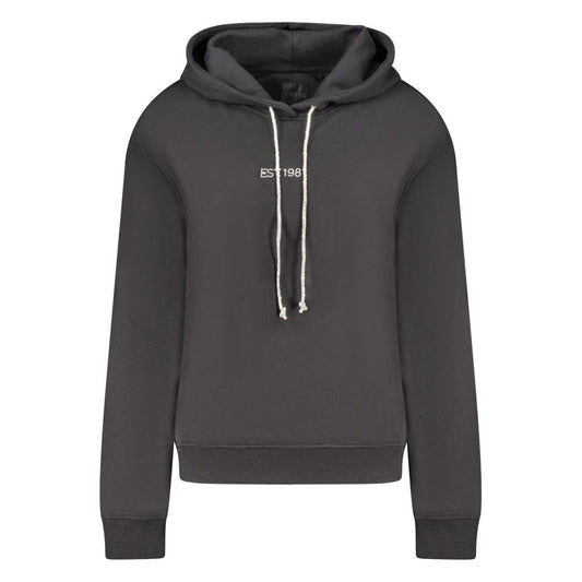 Guess Jeans Black Cotton Women Sweater with hoodie, bold print, and rhinestone embellishments.