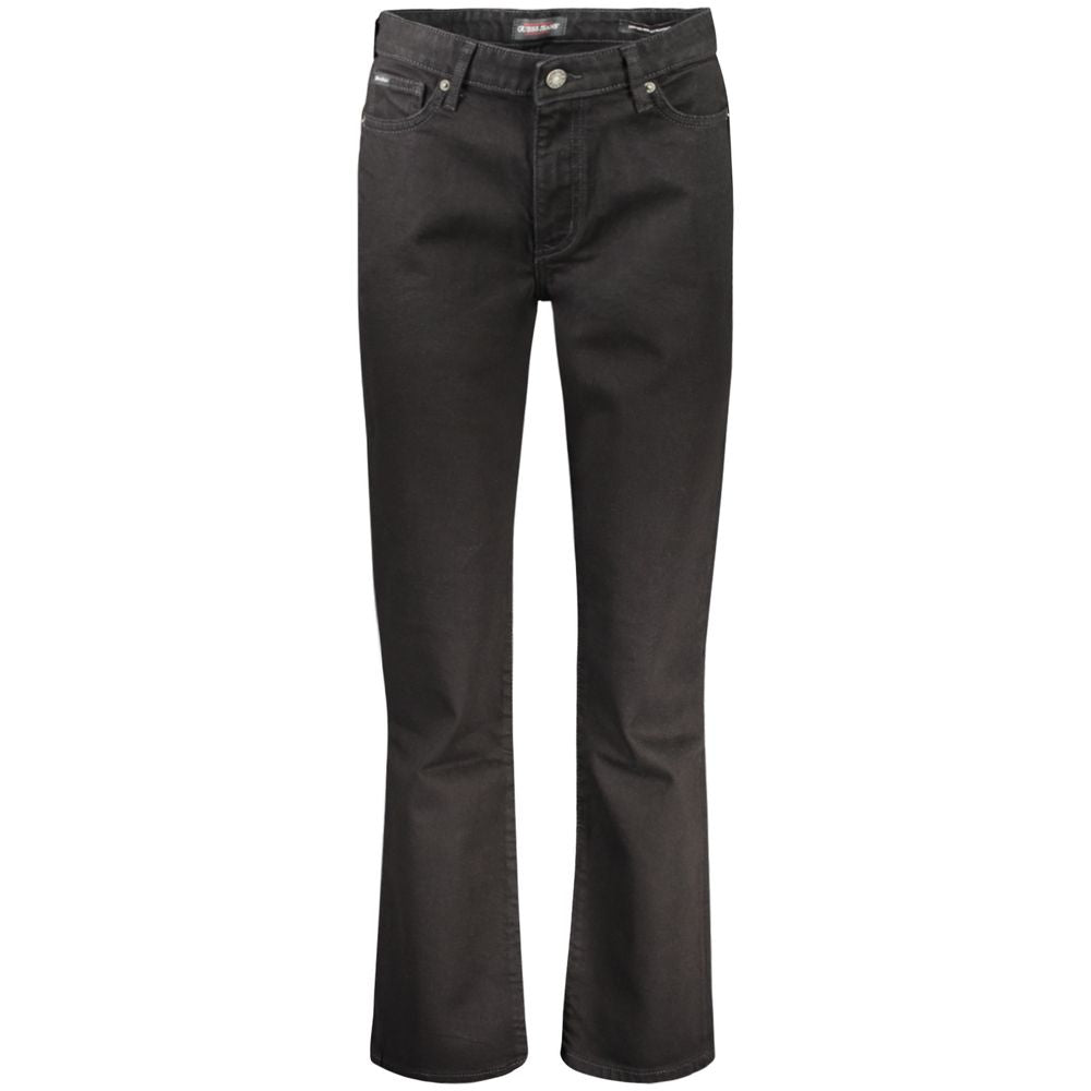 Guess Jeans Black Cotton Women's Jeans with mid-rise straight fit and iconic Guess logo, offering style and comfort in a timeless design.