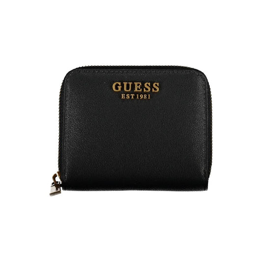 Alt Tag: Guess Jeans Black Polyethylene Wallet with zip closure, 1 compartment, coin purse, and card spaces, features iconic logo design.