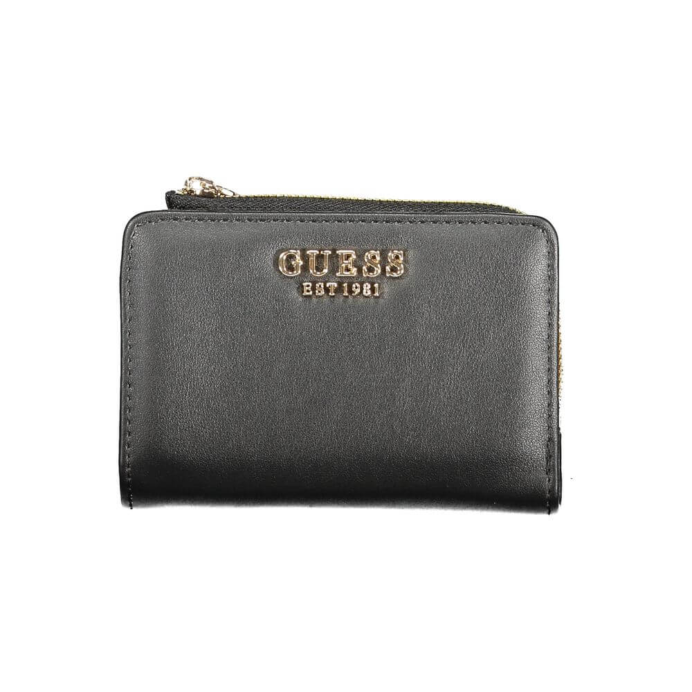 Guess Jeans Black Polyethylene Women Wallet with zipper closure, front view showing sleek, sophisticated design and stylish Guess logo.