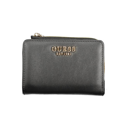 Guess Jeans Black Polyethylene Women Wallet with zipper closure, front view showing sleek, sophisticated design and stylish Guess logo.