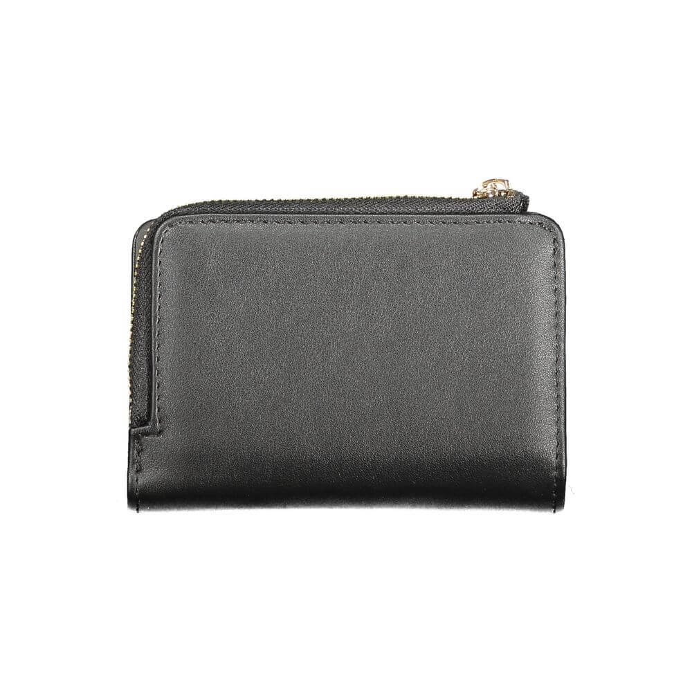 Guess Jeans Black Polyethylene Women Wallet with zip closure, sleek design, and multiple compartments for organized storage.