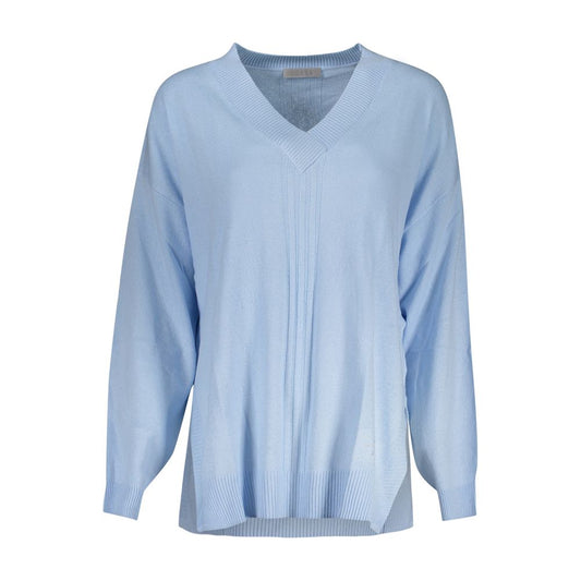 Guess Jeans Blue Cotton Sweater with long sleeves and V-neck showcasing contrasting details and logo.