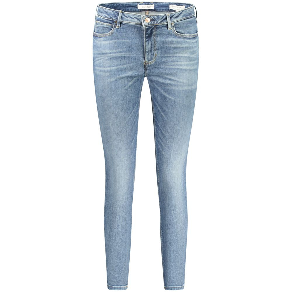 Guess Jeans Blue Recycled Cotton Women Jeans with five-pocket design and washed effect, eco-friendly fashion.