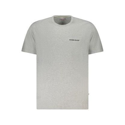 Guess Jeans Gray Cotton Men T-Shirt, short-sleeved, crew neck, with iconic logo and front print, ideal for contemporary style.