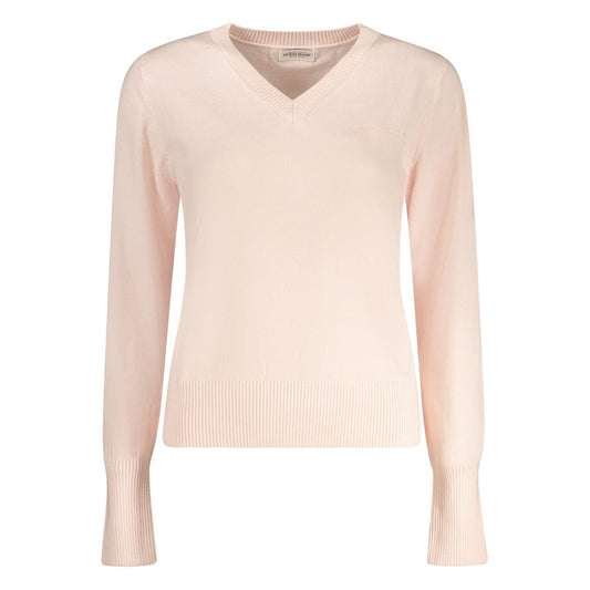 Guess Jeans Pink Polyester Women Sweater with V-neck and long sleeves, featuring Guess embroidery for a chic, cozy style.