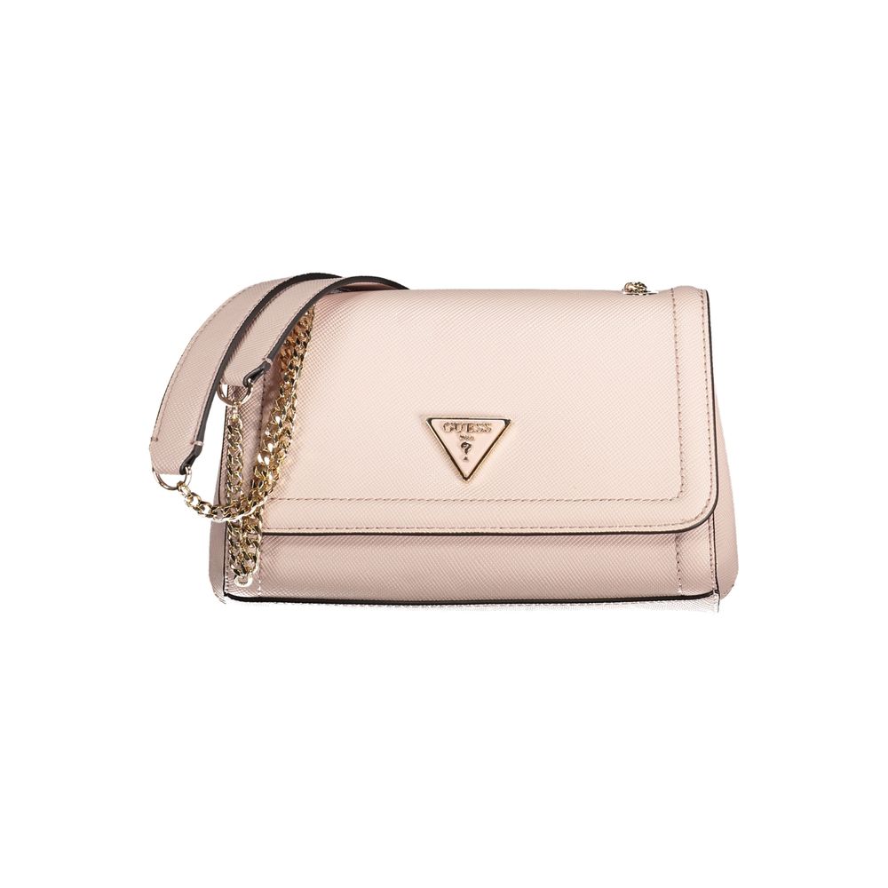 Guess Jeans Pink Polyethylene Handbag with chain shoulder handles, external and internal pockets, featuring logo and snap closure.