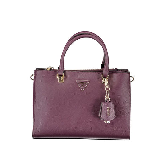 Guess Jeans Purple Polyethylene Handbag with removable strap, 3 compartments, and logo, featuring adjustable handles and protective feet.