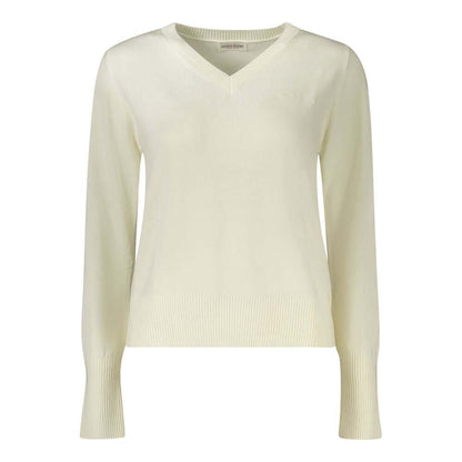 Guess Jeans White Wool Sweater with V-neck, embroidery, logo, and long sleeves. Perfect for stylish, cozy fashion.