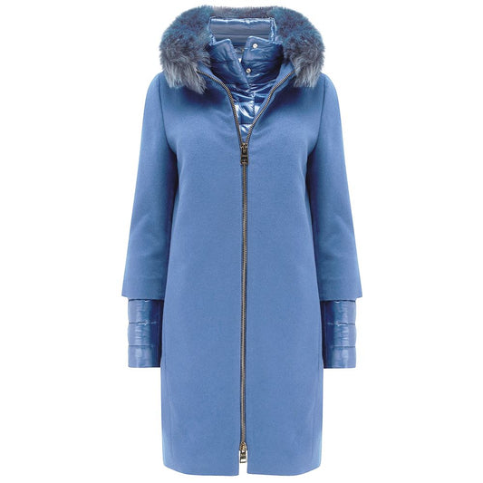 Herno Blue Cashmere Women Coat with fox fur collar and removable nylon vest