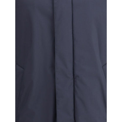 Close-up of Herno Blue Goose Down Coat showing technical material and design features.