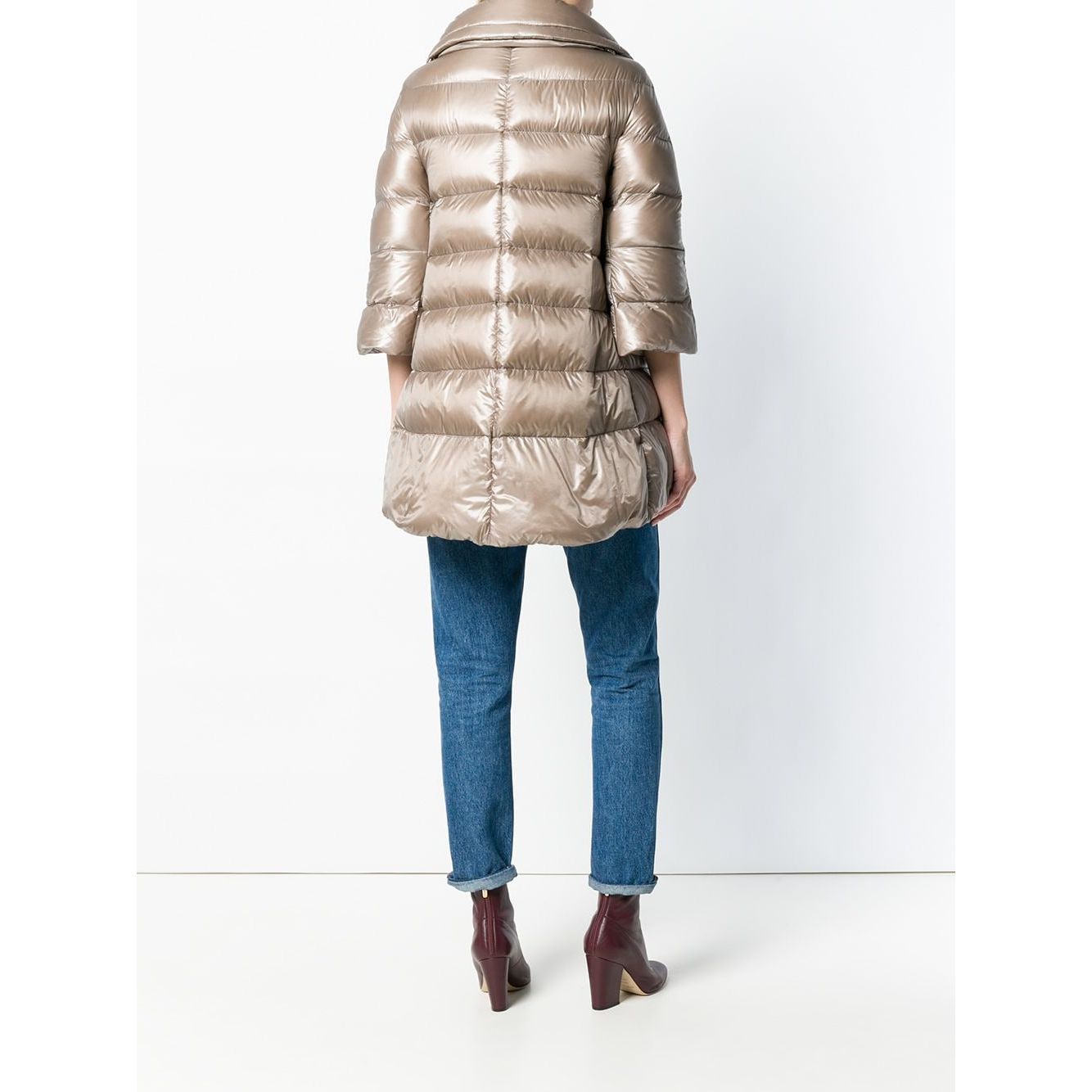 Back view of Herno Coats Dove Grey featuring nude feather down padded design and Cleofe midi length, perfect for stylish winter wear.