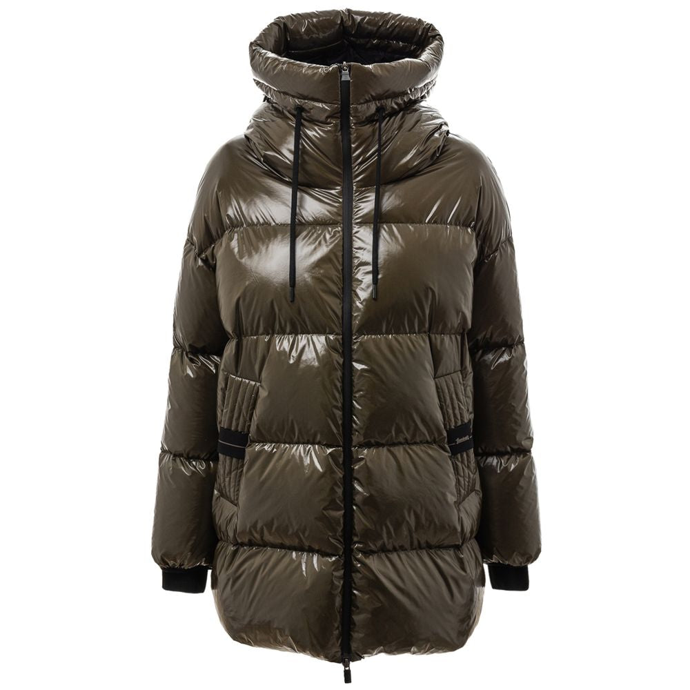Herno Green Polyamide Parka with hood and zipper closure, dark green padded down jacket, lightweight and comfortable outerwear.