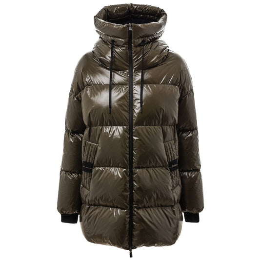 Herno Green Polyamide Parka with hood and zipper closure, dark green padded down jacket, lightweight and comfortable outerwear.
