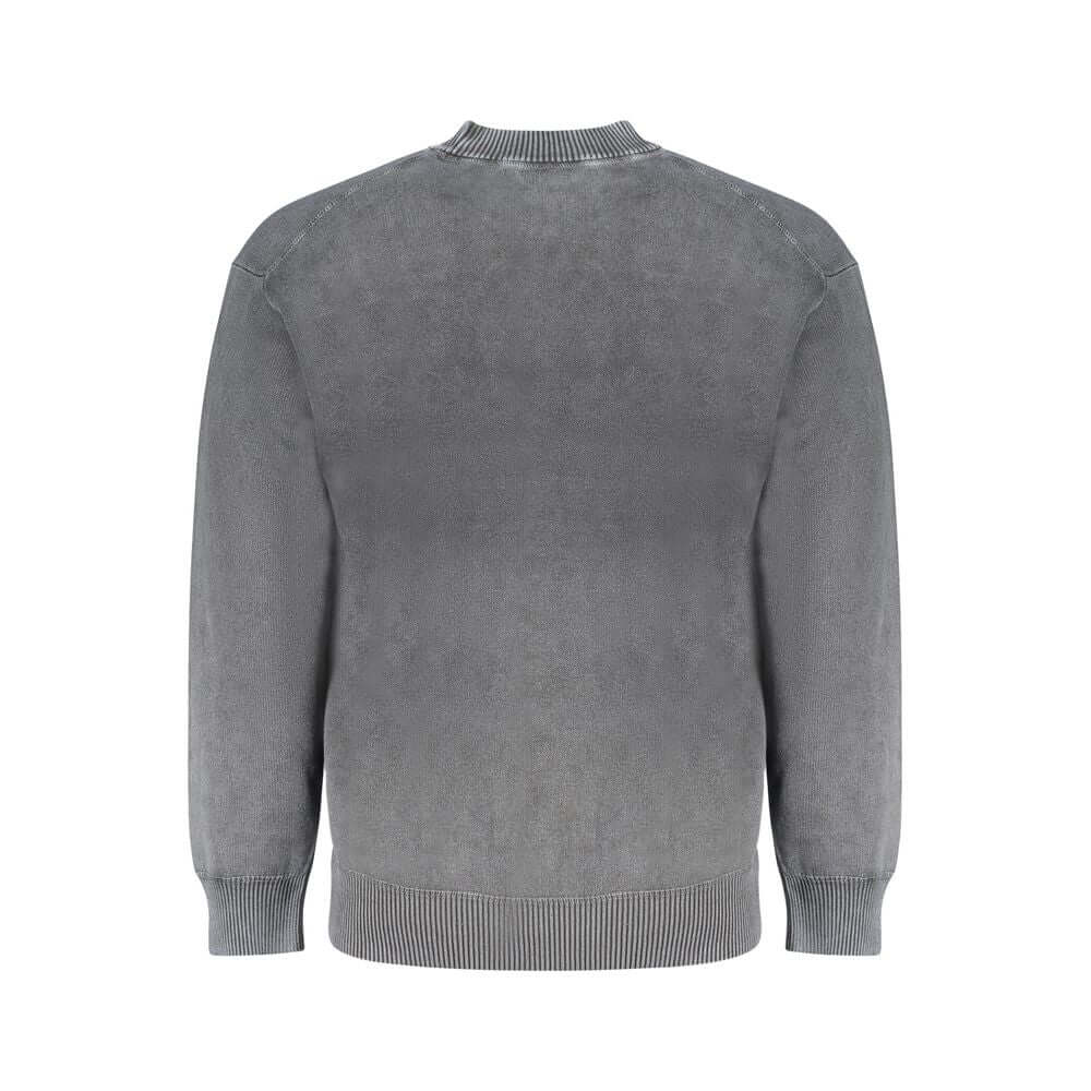 Back view of Hugo Boss Black Cotton Sweater, long-sleeved crew neck with logo, made from regenerative cotton.