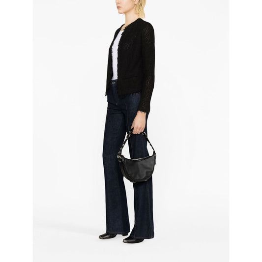Iro Jackets Black - black cotton blend jacket with fringe detailing, round neck, open front, long sleeves, and welt pockets.