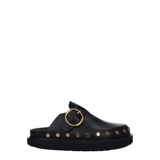 Isabel Marant Black Leather Slippers with gold studs and buckle closure, featuring a round toe and flat rubber sole for vintage style.