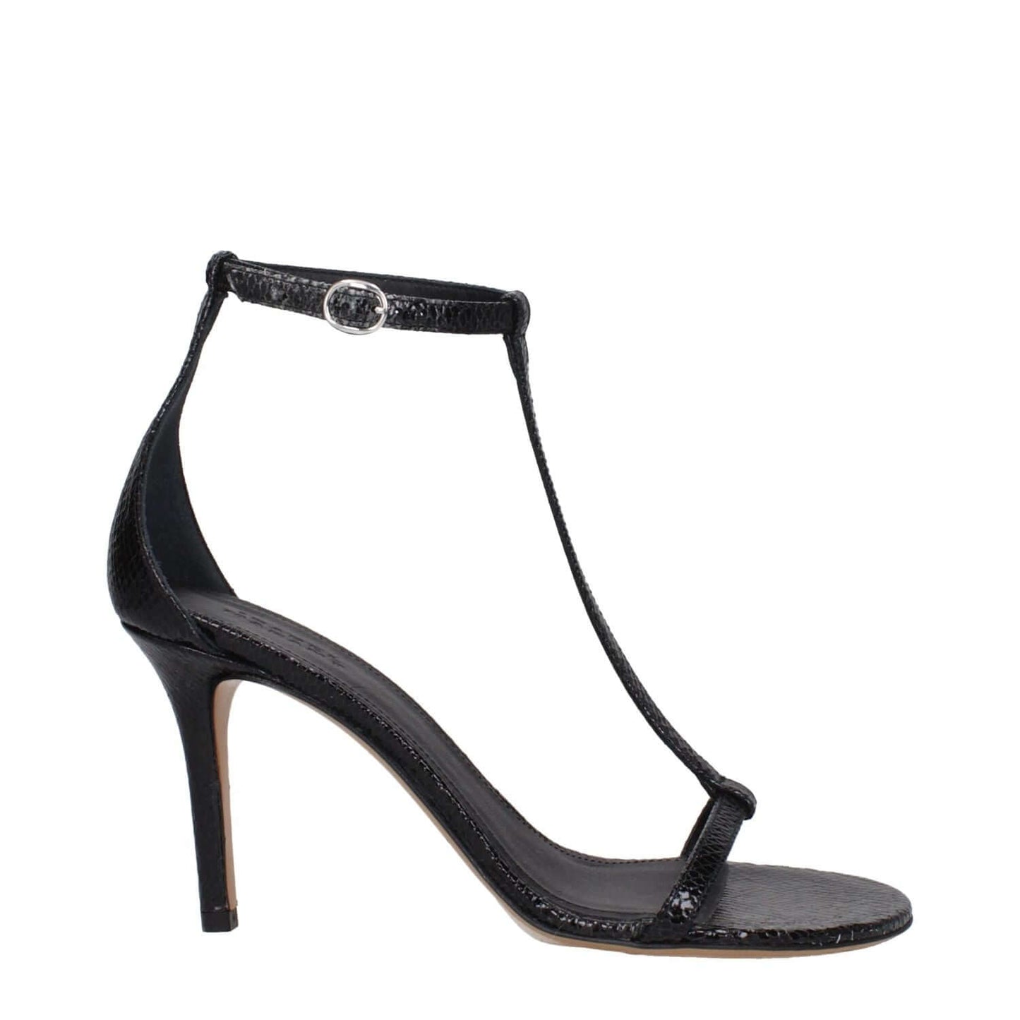 Isabel Marant Black Leather Stiletto Heel Sandals featuring buckle closure, open toe, and high heel with leather sole.