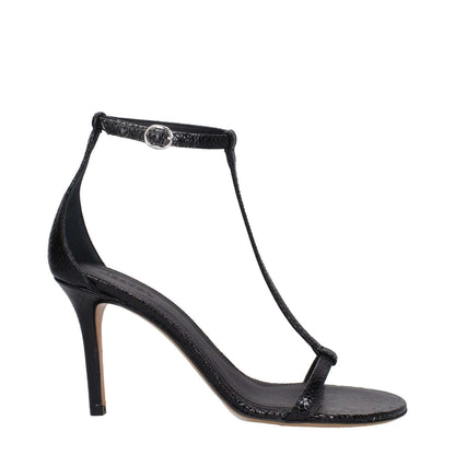 Isabel Marant Black Leather Stiletto Heel Sandals featuring buckle closure, open toe, and high heel with leather sole.