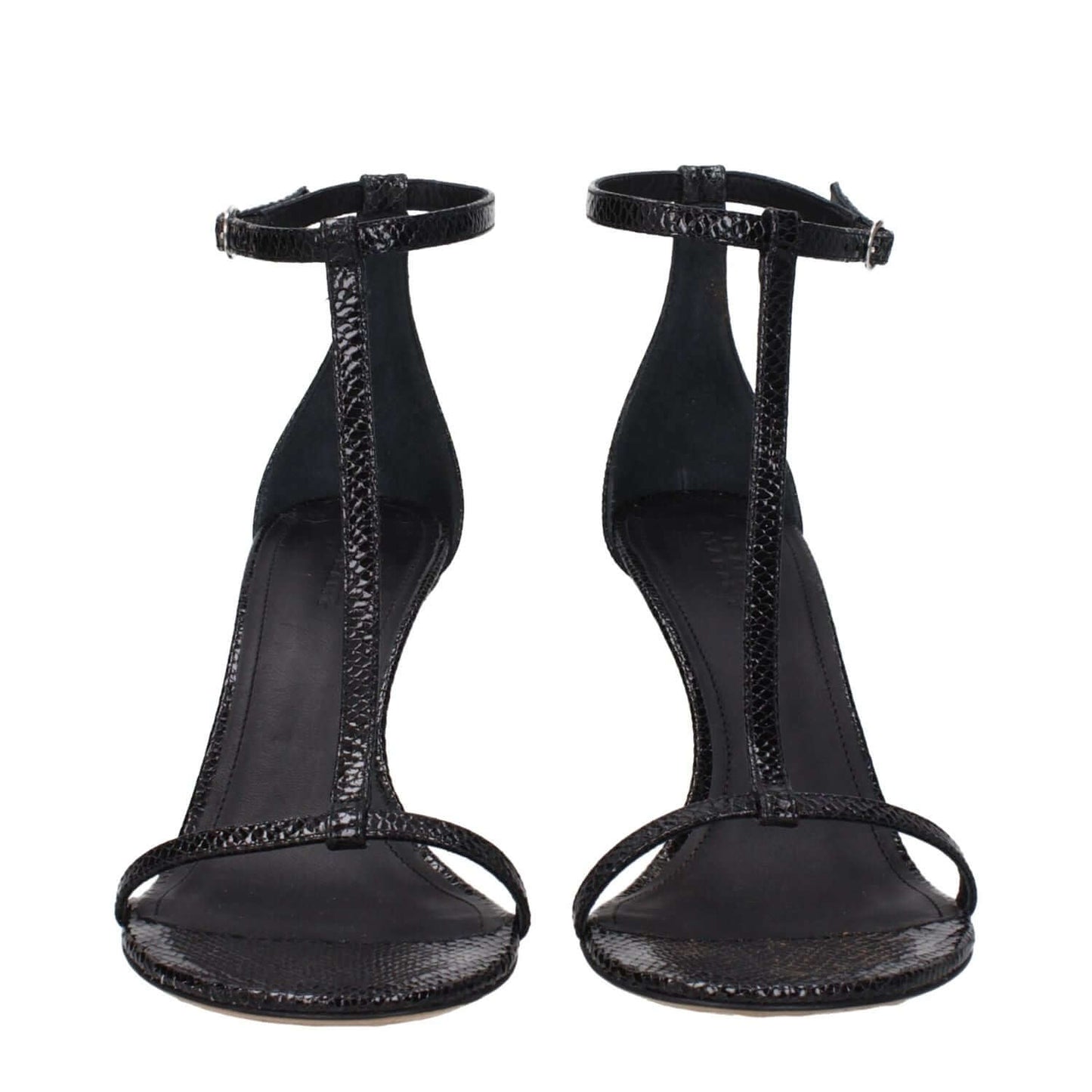 Isabel Marant Black Leather Stiletto Heel Sandals with buckle closure, open toe, and 8.5 cm high heel, front view