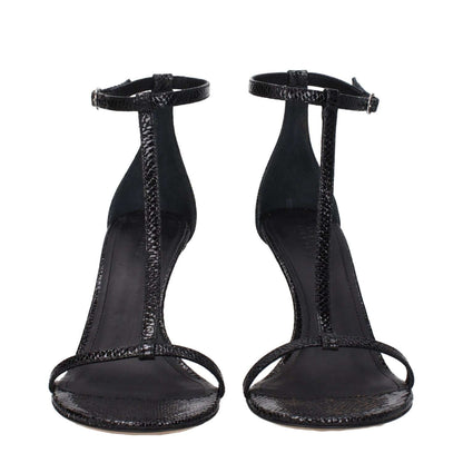 Isabel Marant Black Leather Stiletto Heel Sandals with buckle closure, open toe, and 8.5 cm high heel, front view