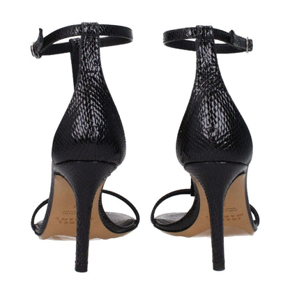Isabel Marant Black Leather Stiletto Heel Sandals with buckle closure, high heel, and open toe design, featuring leather sole and python print.