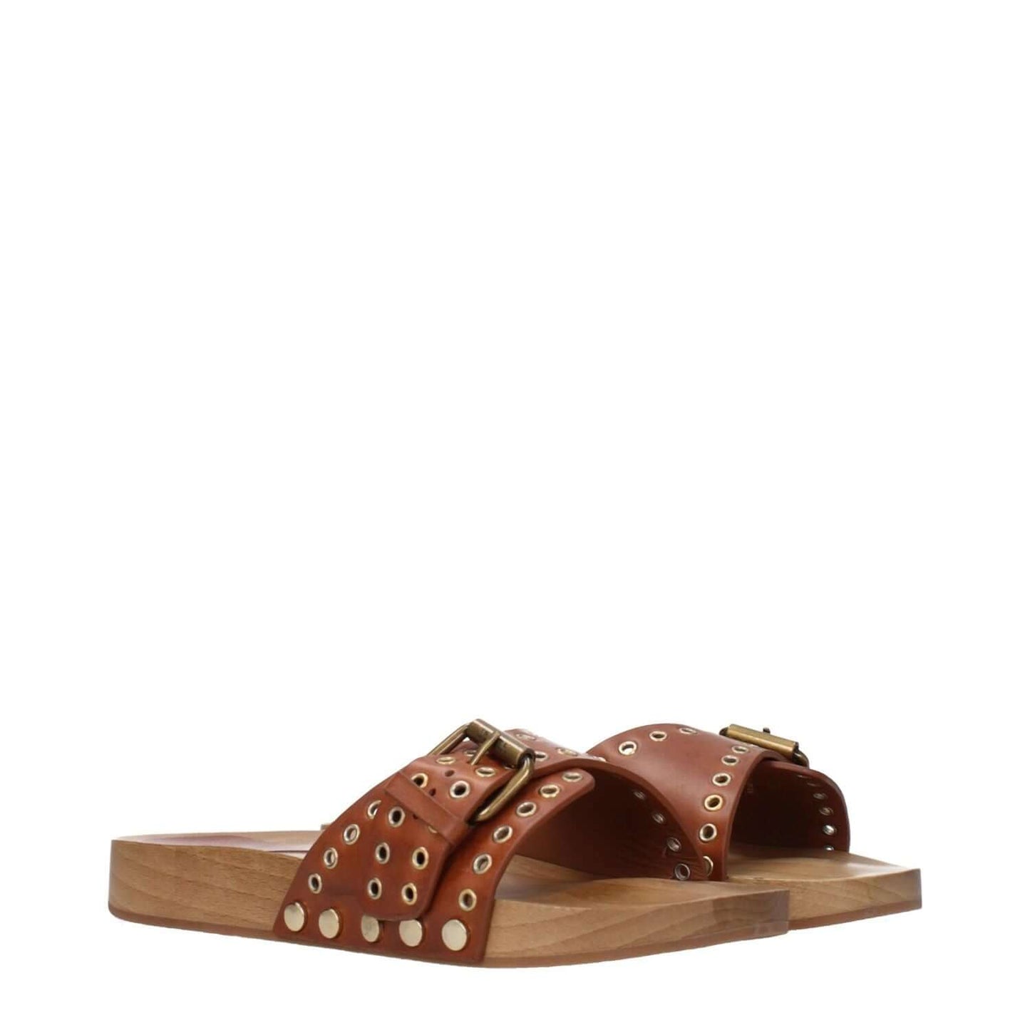 Isabel Marant Brown Leather Slippers with buckle closure, rubber sole, and open toe design, showcasing casual style in cognac color.