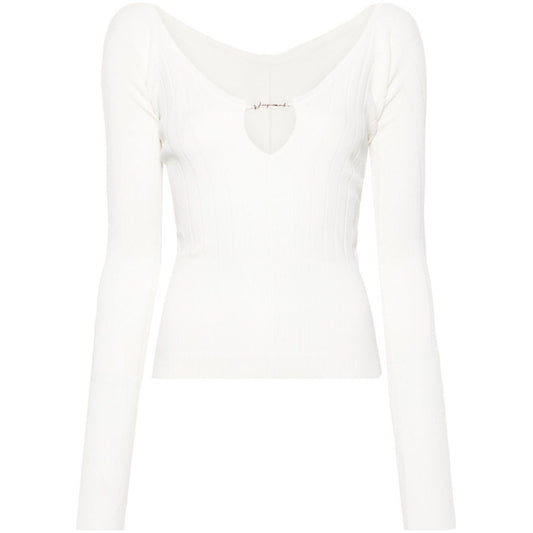 JACQUEMUS Top White off-white ribbed knit with cut-out detailing, scallop edge, V-neck, and gold-tone logo. True to size fit.