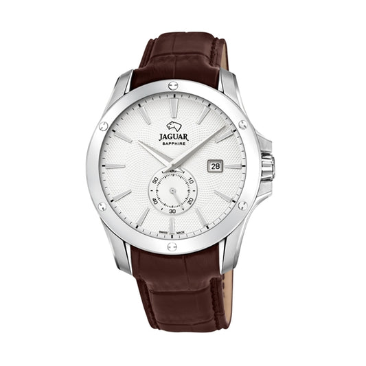 Luxury JAGUAR WATCHES Mod. J878/1 with brown leather strap and stainless steel casing, elegant white dial for men.