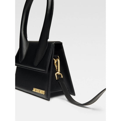 Jacquemus Le Chiquito Moyen Black Bag with gold hardware, showing reinforced handle and detachable strap, stylish designer accessory.