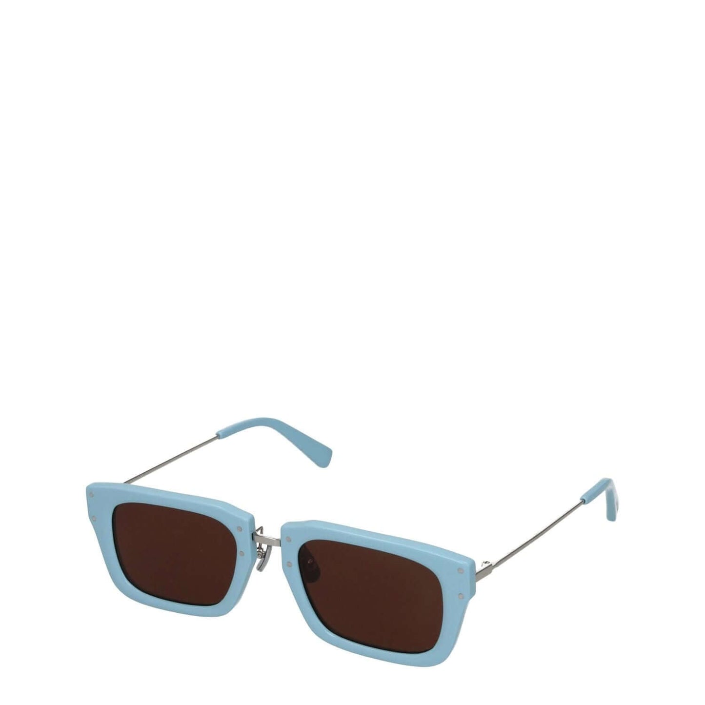 Jacquemus Light Blue Acetate Sunglasses with square frame, silver arms, and dark lenses, includes protective case.