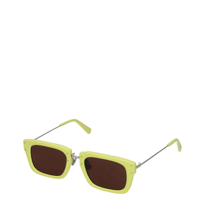 Jacquemus Yellow Acetate Sunglasses with dark lenses and square frame, featuring silver steel accents. Protective case included.