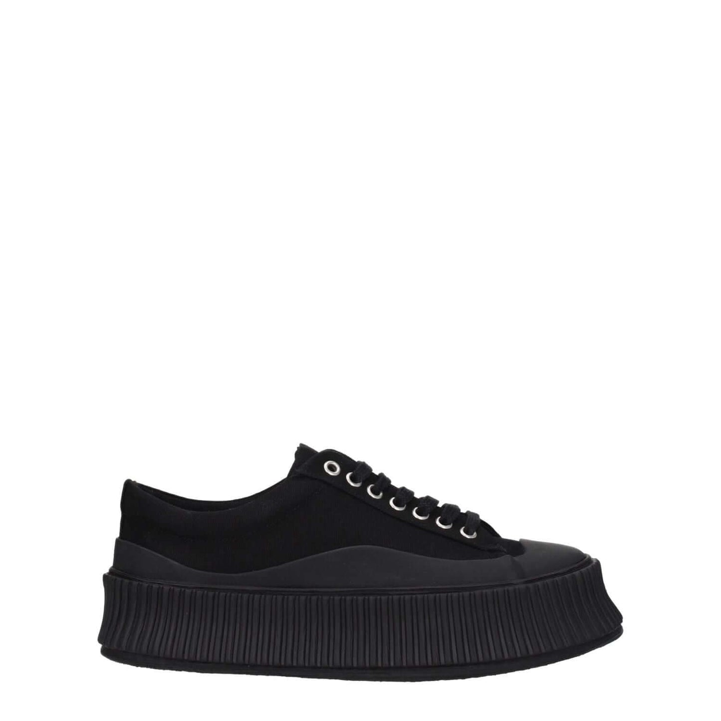Jil Sander Black Fabric Chunky Sneakers with lace-up closure and rubber wedge heel, side view showcasing square toe design.