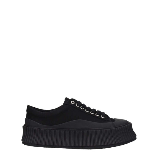 Jil Sander Black Fabric Chunky Sneakers with lace-up closure and rubber wedge sole, featuring a square toe and 5 cm wedge height.