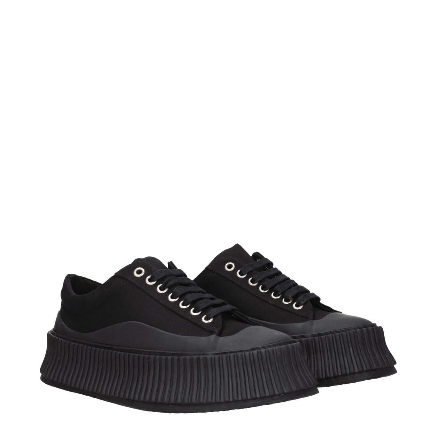 Jil Sander Black Fabric Chunky Sneakers with lace-up closure and rubber sole, square toe and 5 cm wedge heel, style streetwear.