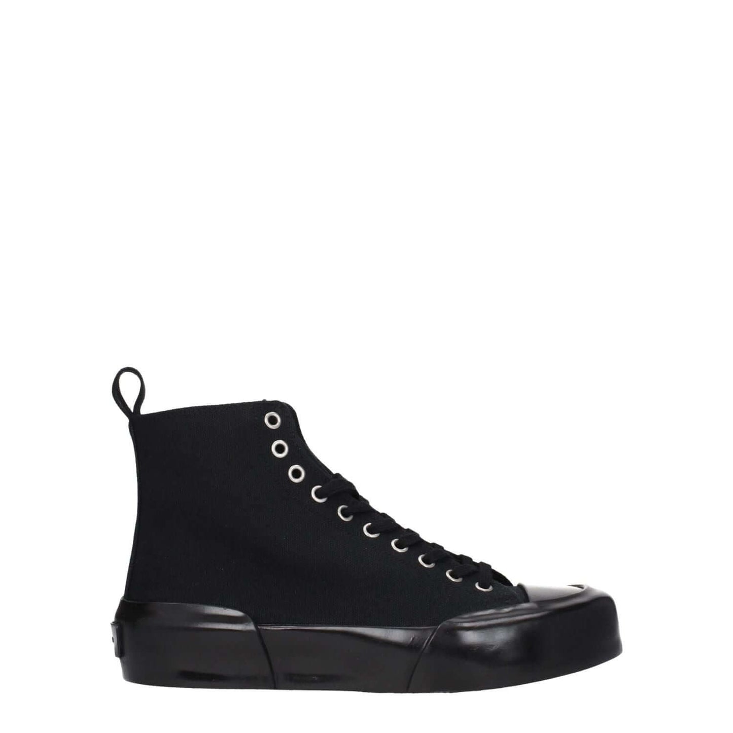 Alt Tag: Jil Sander Black Fabric High Top Sneakers with lace-up closure and rubber sole, featuring back logo and round toe.