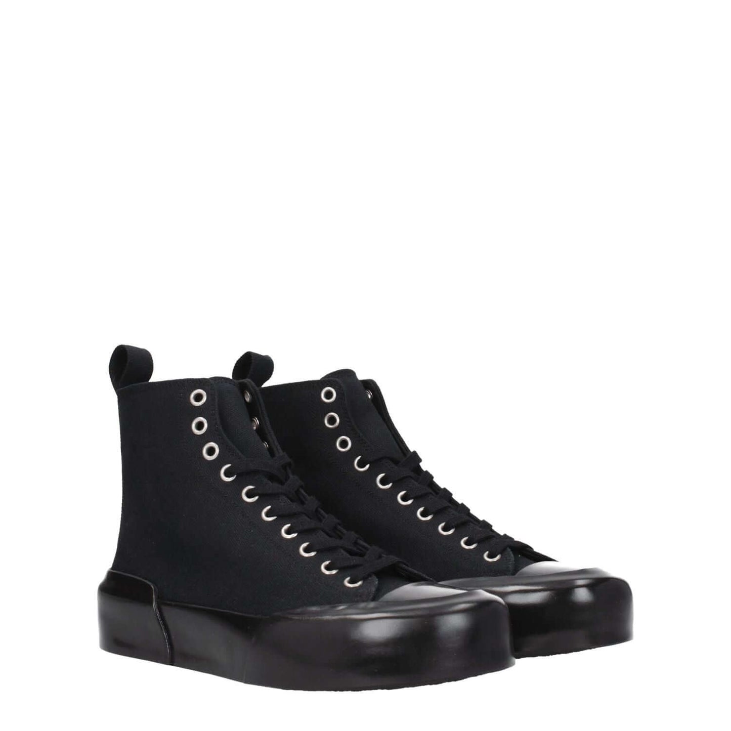 Jil Sander Black Fabric High Top Sneakers with lace-up closure and rubber sole, featuring a back logo. Casual style with mid heel, round toe.