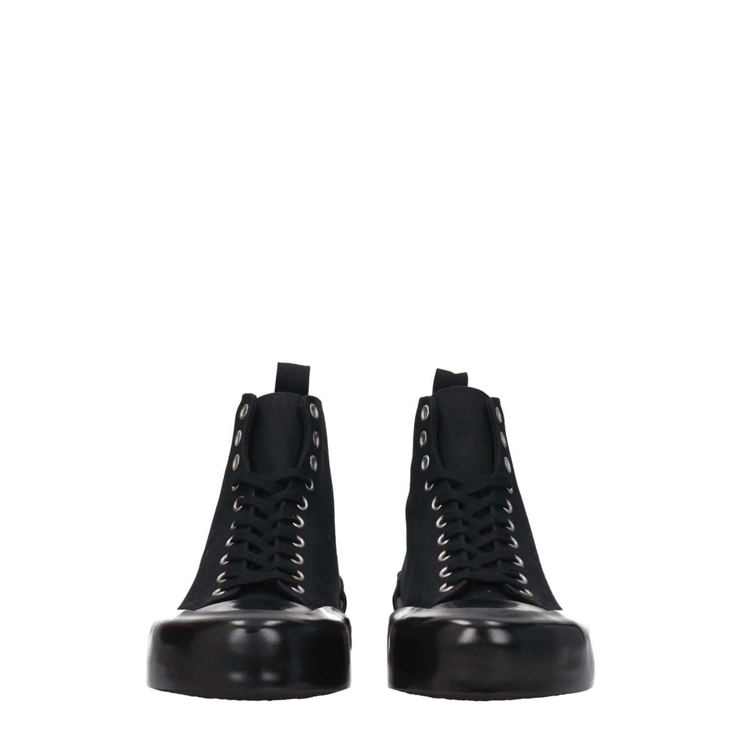 Jil Sander Black Fabric High Top Sneakers with lace-up closure, rubber sole, round toe, and mid heels, front view.