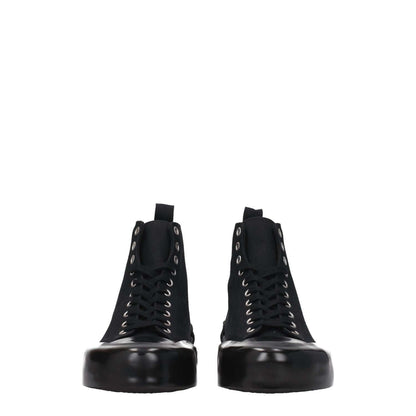 Jil Sander Black Fabric High Top Sneakers with lace-up closure, rubber sole, round toe, and mid heels, front view.