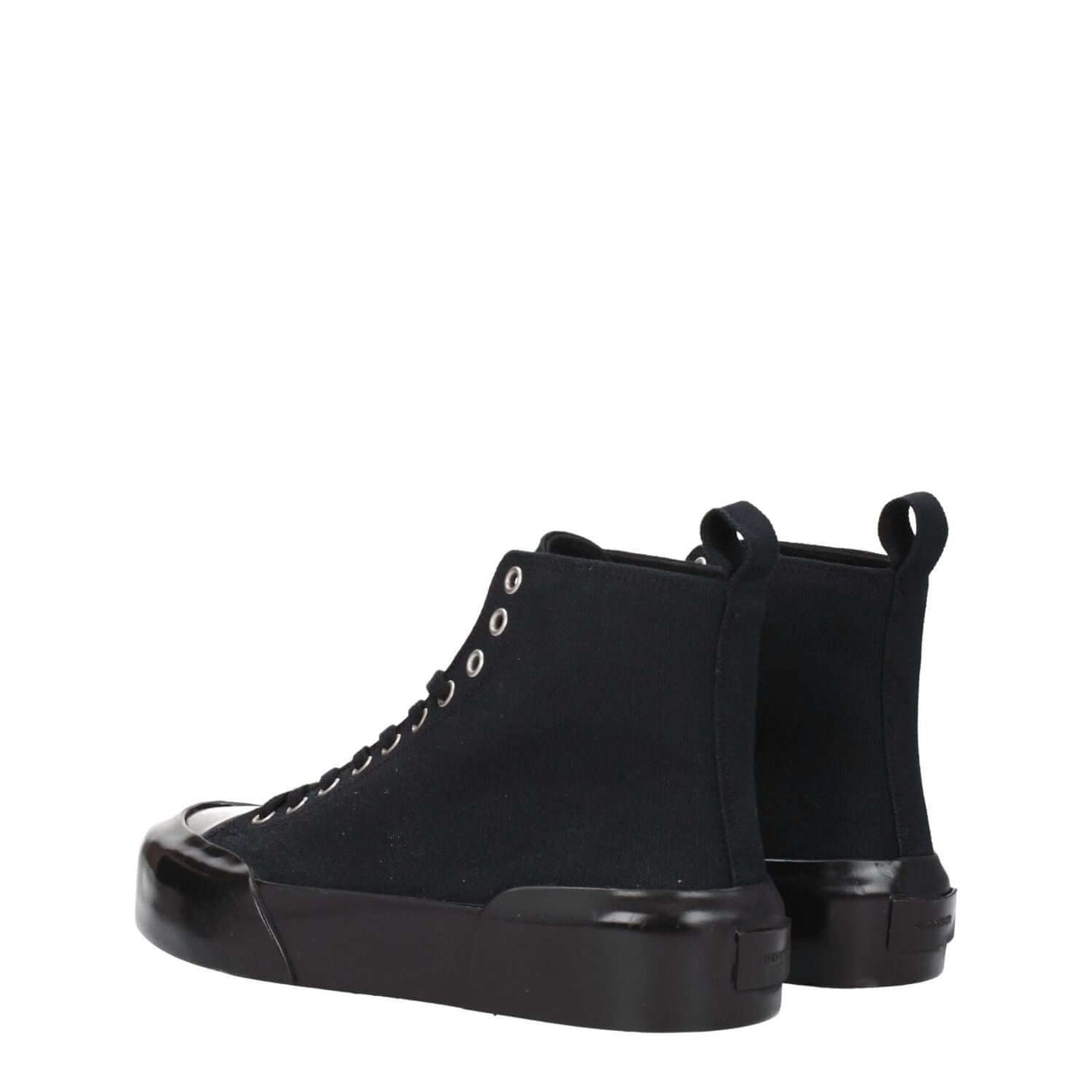 Jil Sander Black Fabric High Top Sneakers with back logo and lace-up closure, featuring rubber sole and round toe in casual style.