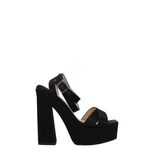 Jimmy Choo Black Satin Platform Sandals with high heel, open toe, and buckle closure. Made of satin with leather sole. MPN: GAIA140SATBLACK.